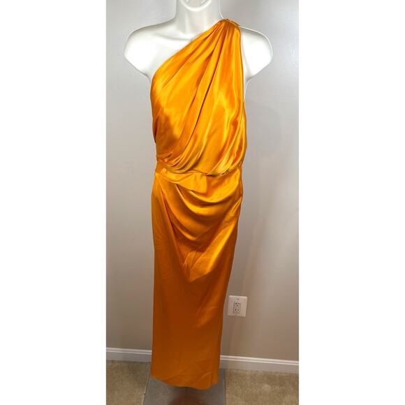 The Sei Asymmetric One Shoulder Drape Orange Mango Silk Maxi Dress Size 0 - Picture 3 of 11